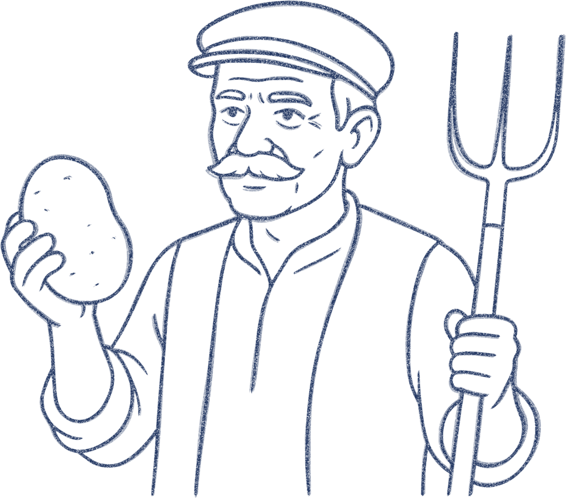 Pencil sketch of the Yona’s farmer, holding a potato and a pitchfork