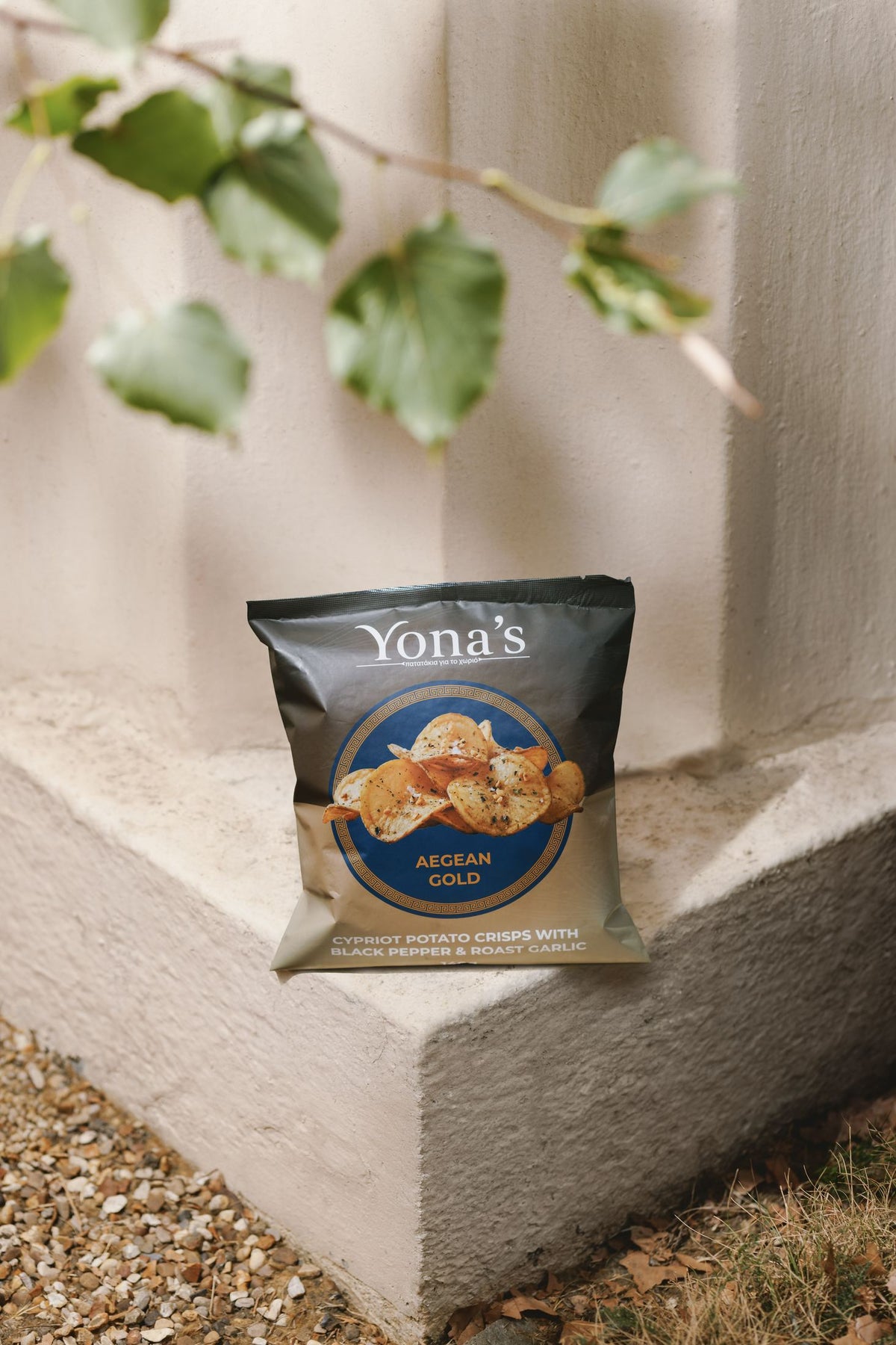 Aegean Gold 140g bag on a stone step under a leafy branch