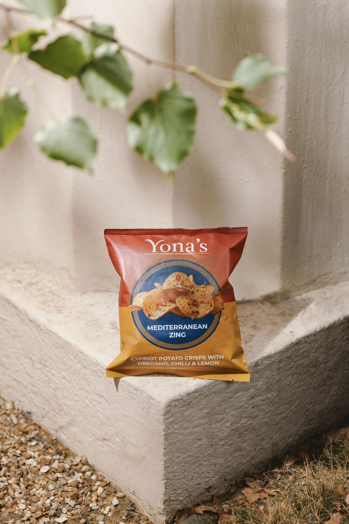 Mediterranean Zing 140g bag on a stone step under a leafy branch
