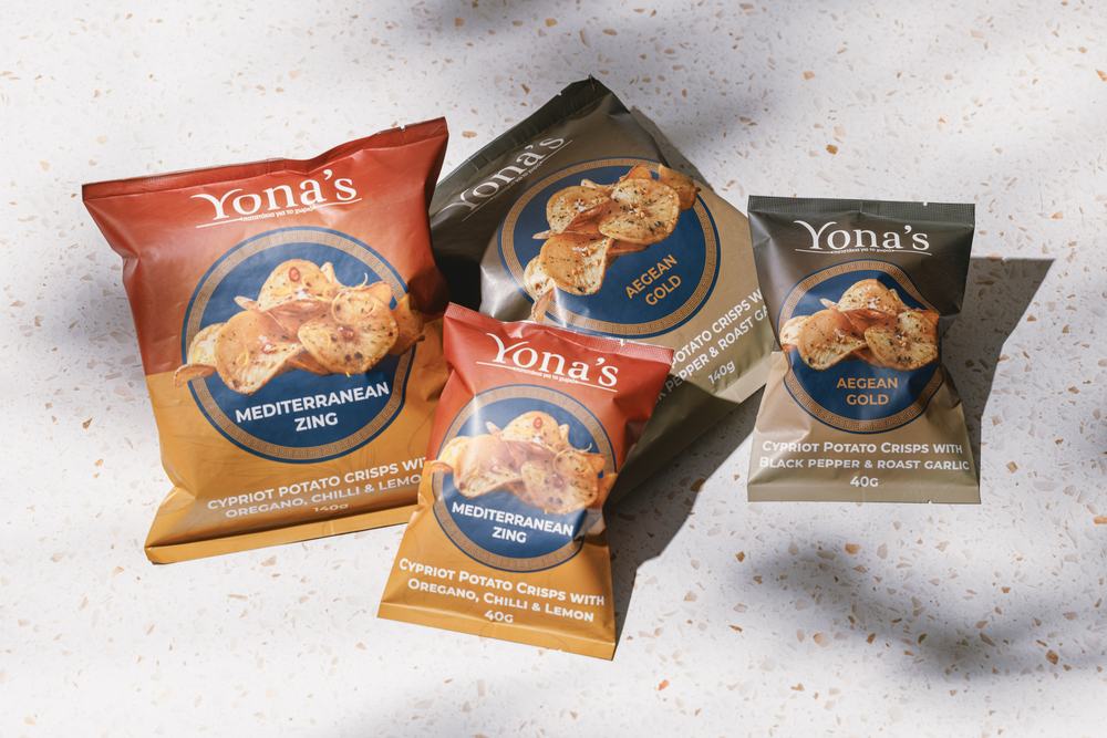 The full Yona’s range: both flavours in both sizes on terrazzo